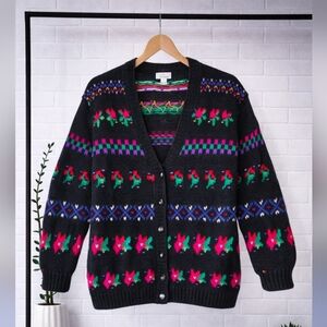 Vintage Black Hand Made Cardigan Floral Boho Red Green Blue Large Cherries